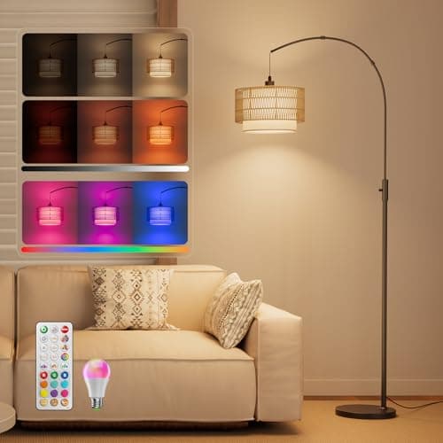 VARICART Boho Rattan Arc Floor Lamp, 71" RGB Color Changing LED Standing Lamp with Magnetic Remote, 3-in-1 Double Layer Shade, 1600K Amber Light & 4000K Daylight, 10W 1200lm 0.1%-100% Dimmable - Image 1
