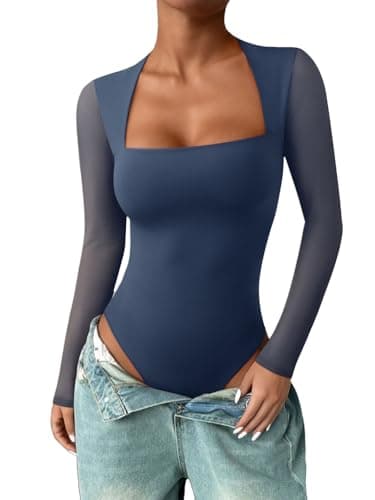 PINKMSTYLE Long Sleeve Bodysuit for Women Square Neck Mesh Going Out Tops Date Night Outfit Deep Blue Large - Image 1