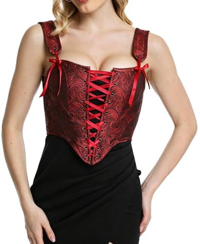 Grodress Renaissance Corset Vest Tops for Women Red Linen Overbust Bustier Bodice Sleeveless Drawstring Crop for Valentine's Day - Image 1
