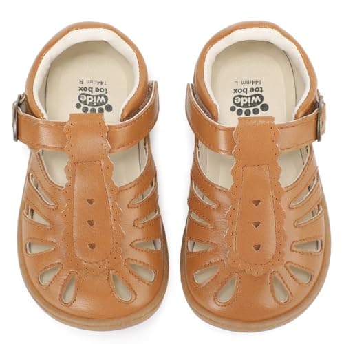 WIDE TOE BOX Baby Girl Sandals, Wide Toddler Mary Jane Barefoot Summer Shoes, Breathable Infant Dress Flats for Daycare, Preschool, First Walking Light Brown Toddler Size 4 - Image 1