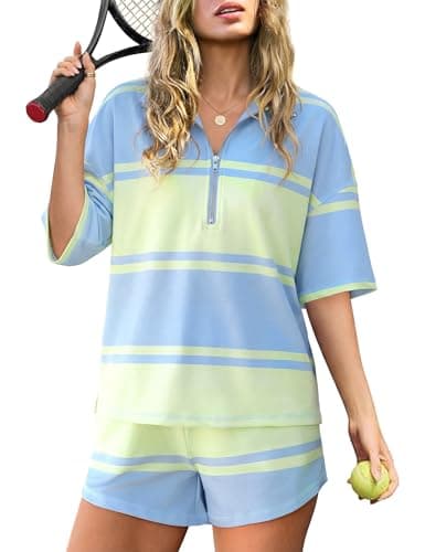 Totatuit 2 Piece Lounge Sets Striped Summer Oversized Shorts Set Half Sleeve Zipper T Shirts Shorts Workout Matching Set - Image 1
