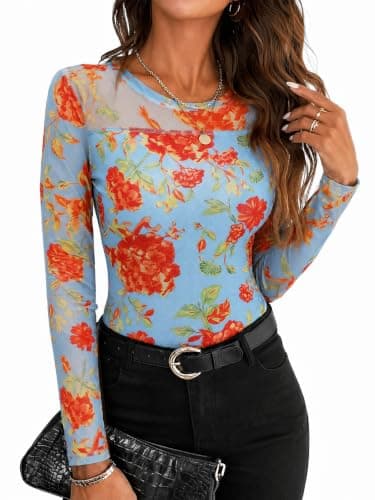 Tankaneo Womens Long Sleeve Mesh Tops Floral Slim Y2K Going Out T-Shirts - Image 1