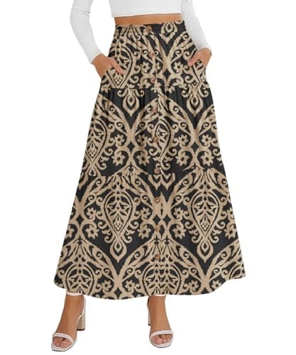 KUOTAI Women's Boho Maxi Skirt Summer Casual Elastic High Waist Tiered A-Line Flowy Long Skirt with Pockets, Khaki Big Flower Black, Large - Image 1