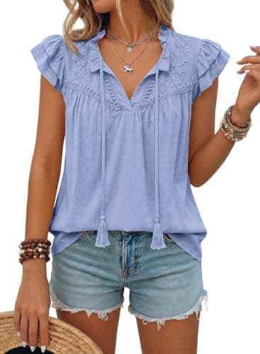 Dokotoo Lace Tops for Women Embroidered Tassel V Neck Ruffle Cap Sleeve Peplum Blouse Top Pleated Boho Shirts Trendy Fashion Clothes Sky Blue Medium - Image 1
