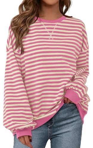 PRETTYGARDEN Womens Striped Oversized Sweatshirt Color Block Crew Neck Long Sleeve Casual Loose Pullover Top Y2K Clothes (Rose Pink White, Large) - Image 1