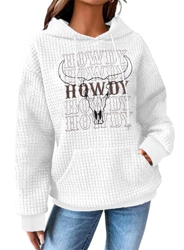 SUPEYA Western Sweatshirts for Women Cow Skull Western Hoodies Cowgirl Country Concert Outfits Waffle Knit Howdy Pullover Top White - Image 1