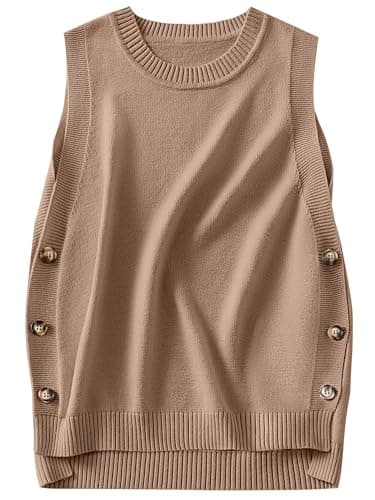 ANRABESS Womens Sweater Vest Summer Sleeveless Crewneck Ribbed Knit Side Button Loose Pullover Tank Tops 2026 Fall Outfits Brown Large - Image 1
