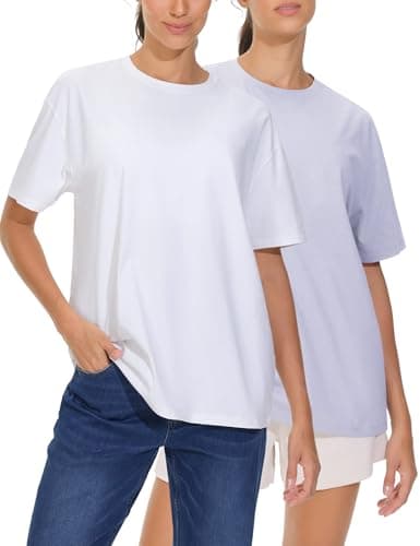 THE GYM PEOPLE 2 Pack Women's Oversized T Shirts Casual Loose Fit Short Sleeve Tops Summer Crewneck Basic Tees White/Light Purple - Image 1