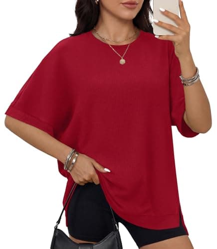 ANRABESS Women Oversized Waffle Knit T-Shirts Summer Casual Short Sleeve Tunic Tops Side Spilt Tee Shirts 2026 Trendy Clothes Red Large