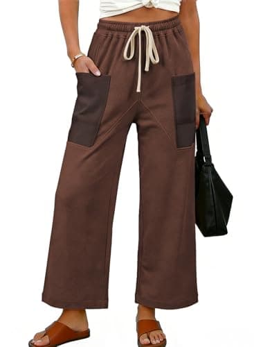 EVALESS Pants for Women Casual High Waisted Baggy Cargo Pants 2026 Summer Ankle Length Wide Leg Sweatpants with Pockets Drawstring Elastic Band Teacher Outfits Coffee X-Large - Image 1