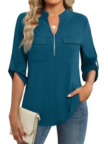 Funlingo 3/4 Length Sleeve Womens Tops Spring V Neck Flowy Blouses for Women Dressy Casual Zip Front Work Shirts 2026 Office Outfits Teal M - Image 1