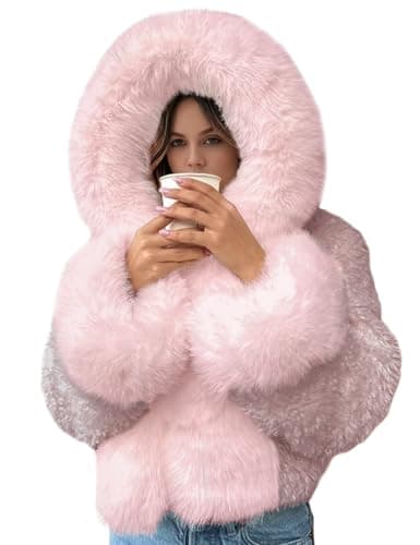 Wyeysyt Women's Faux Fur Coats with Hood Winter Warm Cropped Hoodie Jacket Long Sleeve Thick Short Outerwear with Pockets(LightPink-S) - Image 1