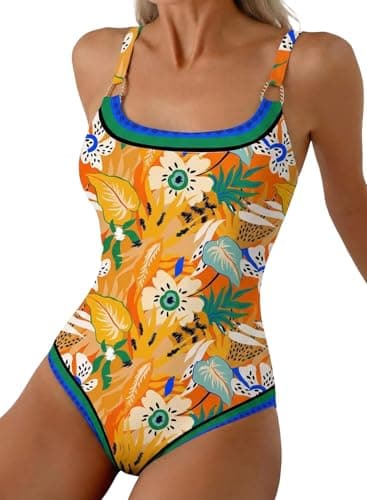 Herseas Women's Metal Ring Wide Straps U Neck One Piece Sexy Swimsuit Yellow Floral Print Tummy Control Cute Bathing Suits Full Coverage Ladies Beach Vacation Clothes for Teens Medium - Image 1