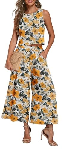 Lepunuo Women Summer Two Piece Outfits Crew Neck Sleeveless Crop Top and Casual Wide Leg Pants Set Lounge Beach Travel Sets - Image 1