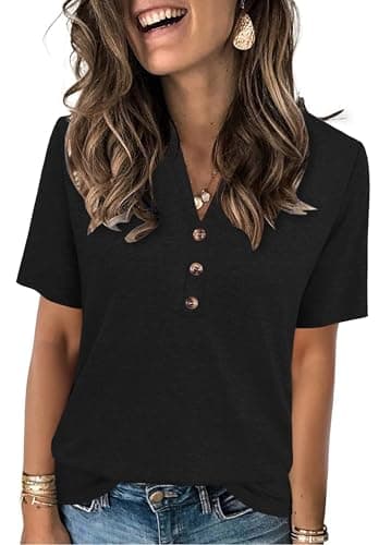 Blouses for Women Short Sleeve Shirts V Neck Tshirts Ladies Top and Blouses Vacation Summer Basic Tees Casual Loose Fit Clothing Black - Image 1