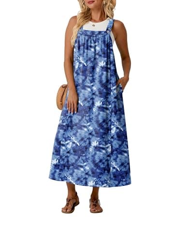Lepunuo Plus Size Dresses for Women Summer Overall Dress Adjustable Casual Cover up with Pockets Tie Dye Blue - Image 1
