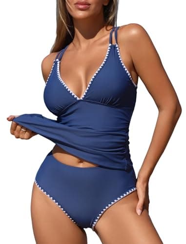 ZAFUL Plus Size Womens Tankini Swimsuit Two Piece Swimsuits High Waisted Bathing Suit Shell Stitch Push Up Swim Top for Women Summer Party (Blue 3X) - Image 1