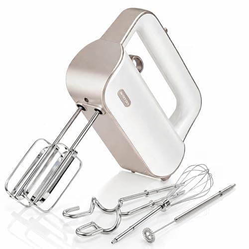 warran Master 5-Speed Electric Hand Mixer with Turbo Boost, Stainless Steel Whisk, Beaters, Dough Hooks & Milk Frother, Lightweight Handheld Mixer for Baking & Coffee, Champagne Gold - Image 1