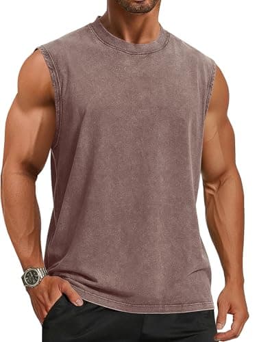 Tank Tops Men Summer Sleeveless Shirts Loose Fit Workout Tops Acid Wash Cotton Tshirts, Plain Coffee, S - Image 1