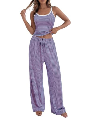 BTFBM Lounge Sets For Women 2026 Striped 2 Piece Pajama Sets Spaghetti Strap Tops Wide Leg Pants Beach Vacation Outfits(Striped Blue Pink, Large) - Image 1