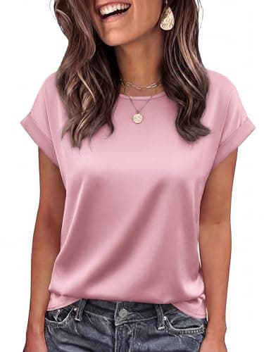 BTFBM Summer Tops for Women 2026 Dressy Satin Blouses Loose Crew Neck Short Sleeve Shirts Work Business Casual Outfits(Pink, Small) - Image 1