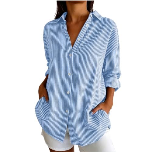 Striped Shirt Women Long Sleeve Summer Fall Tops Blue XX-Large