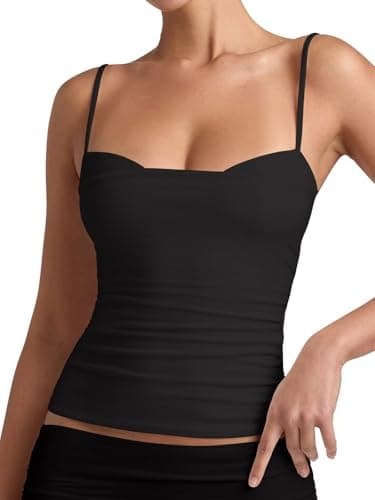 PINKMSTYLE Womens Camisole Spaghetti Strap Tank Top Sleeveless Double Lined Cami Tops Slim Fit Ruched Summer Shirt Black Large - Image 1