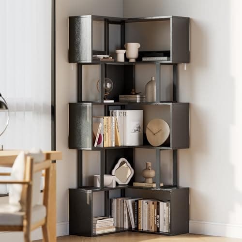 Doppeltcharms L-Shaped Corner Bookshelf with 6 Tiers – 62.6'' Tall Freestanding Metal & Wood Storage Rack with Dividers, Modern Display Shelf for Living Room, Home Office, Black - Image 1