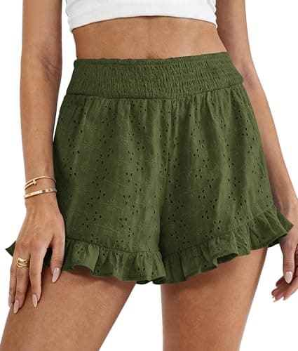 PRETTYGARDEN Shorts for Women Summer 2026 Beach Vacation Clothes Spring Elastic Waist Embroidered Ruffle Shorts with Pockets(Army Green,X-Large) - Image 1