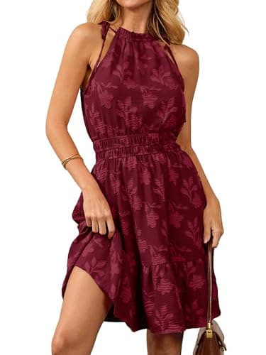BerryGo Womens Summer Halter Short Dress Casual Sleeveless Empire Waist Floral Flowy A Line Mini Beach Vacation Sundresses Wine Red XL - Image 1