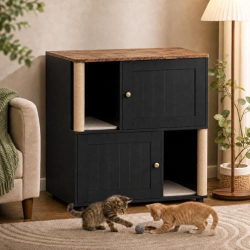 Garvee Cat Litter Box Enclosure for 2 Cats, Double Hidden Litter Box Furniture Cabinet with 2 Scratch Mat and Scratch Post, Modern Farmhouse Wooden Enclosed Cat Washroom, End Side Table - Image 1