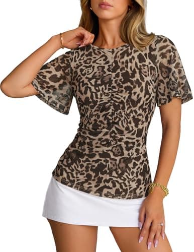 MEROKEETY Women's Mesh Floral Tops Summer 2026 Ruched Ruffle Short Sleeve Crew Neck Trendy Going Out Blouse, Leopard, Small - Image 1