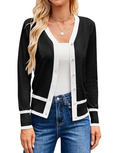 GRACE KARIN Striped Sweater Women Lightweight Cardigans Long Sleeve V Neck Sweaters Button Up Cardigan Trendy (Black White,2XL) - Image 1