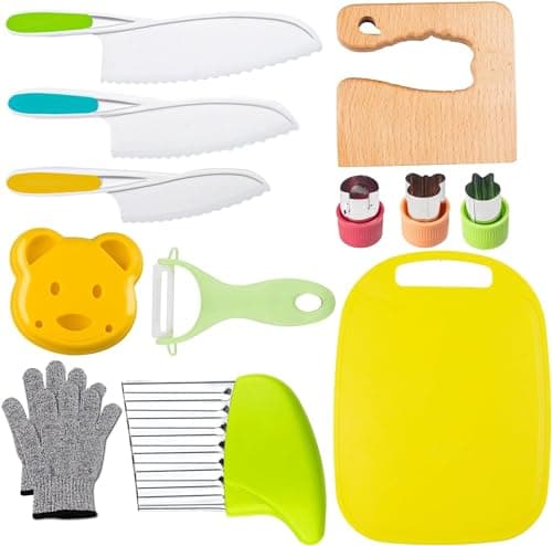 Leking 13 Pcs Wooden Kids Kitchen Knife, Kids Knife Set with Gloves Cutting Board Bear Sandwich Cutter Fruit Vegetable Cutters Serrated Edges Plastic Knifes for Real Cooking Kid Safe Knives - Image 1
