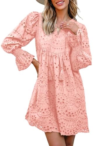 Dokotoo Long Sleeve Dress for Women Elegant Pure Cotton Pink Dress Loose Fit A Line Hollow-Out Causal Trendy Gowns and Evening Dresses Casual Spring Party Dresses Small - Image 1