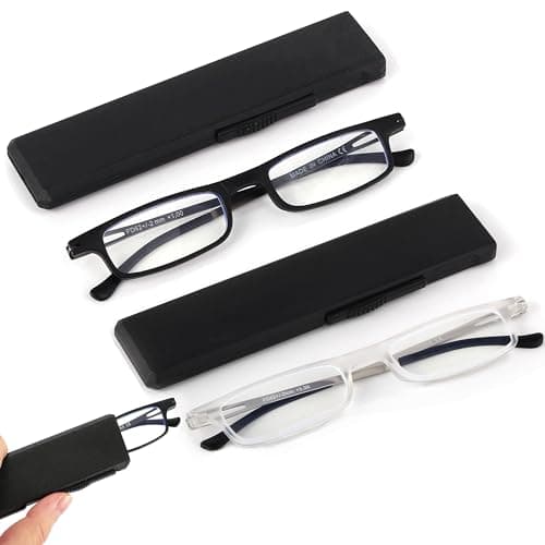 TOVEEN 2 Pack Compact Folding Reading Glasses Anti Blue Light UV, Ultra-thin Slim TR90 Readers with Portable Flat Case for Men Women Clear/Black +2.5