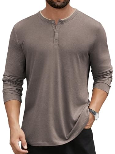 Hardaddy Men's Long Sleeve Henley Shirts Casual Color Block Henley Button T-Shirt Tops Brown XXL - Image 1