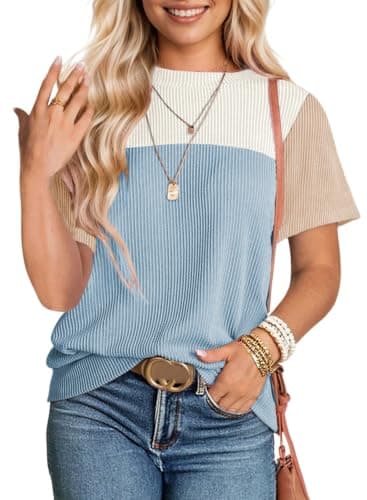 BLENCOT Womens Spring Tops Summer Shirts Colorblock Crewneck Short Sleeve Blouse Casual Loose Fit Junior Cute Going Out Cute Outfits Tunic White Blue XX-Large - Image 1