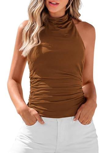 KIRUNDO Tank Tops for Women 2026 Dressy Halter Cowl Neck Backless Summer Clothes Casual Fitted Going Out Mesh Beach Outfits(Brown, X-Large) - Image 1