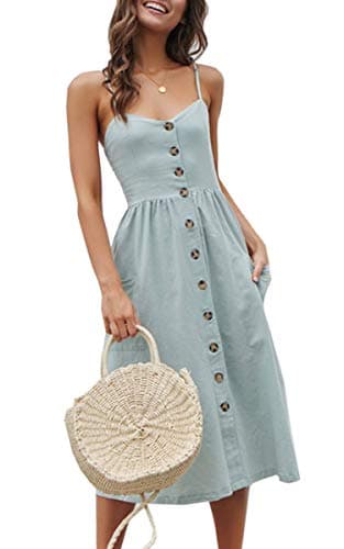 Angashion Women's Dresses-Summer Floral Bohemian Spaghetti Strap Button Down Swing Midi Dress 182 Blue L - Image 1