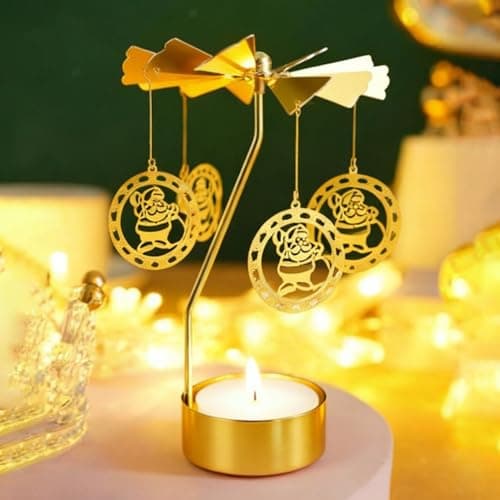 4EVERHOPE Christmas Rotating Candle Holder, Gold Spining Metal Tealight Candle Holder for Christmas, Valentine's Day, Party Table Decor, Wedding Gift (Santa Claus)