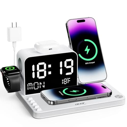 Acer 7-in-1 Wireless Charging Station with LED Clock - 30W Fast Wireless Charger for iPhone 16/15/14/13/12/Pro Max, Apple Watch, AirPods - Bluetooth Auto Time Sync & Night Lights (White) - Image 1