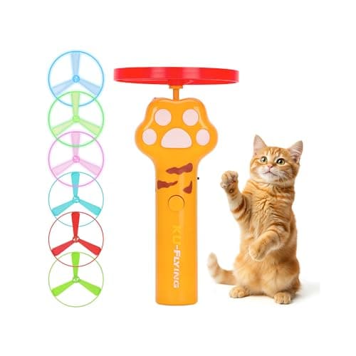 HOMQYTE Cat Chase Fetch Toy - Rechargeable Disc Launcher with 6 Flying Spinners - Best Interactive Pet Hunting Toys for Indoor Outdoor Yard Cats Dog (Yellow)