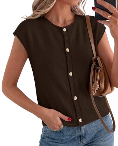 PRETTYGARDEN Sweater Vest Women 2026 Summer Spring Cap Short Sleeve Cardigan Lightweight Button Down Trendy Loose Tops (Brown,X-Large) - Image 1