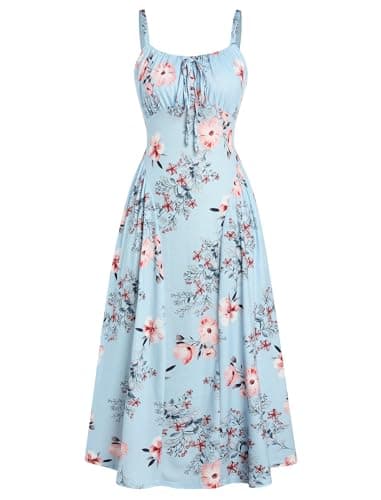ZAFUL Women's Floral Corset Dress Spaghetti Strap Fit and Flare Swing A Line Wedding Guest Dress Sundress Midi Dresses Blue S - Image 1