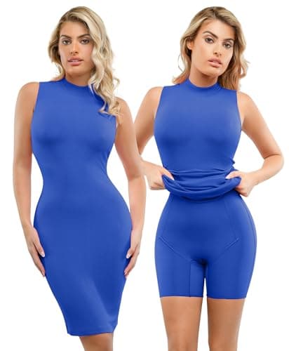 Popilush Shapewear Dress Midi Bodycon - Mock Neck Built in Shapewear Bra 9 in 1 Sleeveless Slip Dress for Women Blue - Image 1