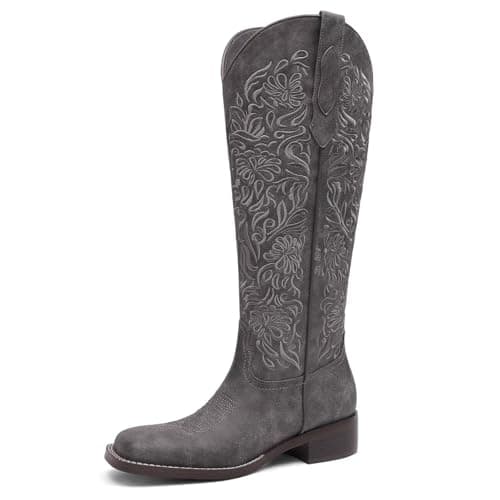 GPXGPX Cowboy Boots Square Toe Cowgirl Boots Women Knee High, Low Block Heel Comfortable Pull On Western Embroidered Tall Boots Gray 9.5 - Image 1