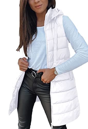 Veatzaer Women Long Vest Solid Color Sleeveless Hood Winter Puffer Vest Outwear - Image 1