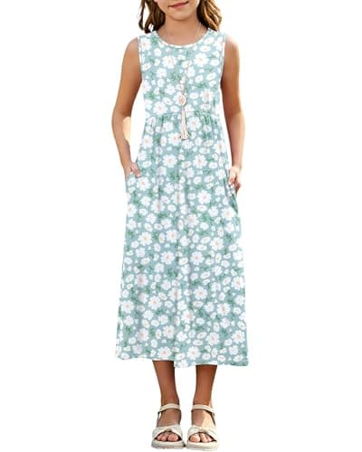 Girls Summer Maxi Dress Fashion Kids Formal Spring Sleeveless Floral Long Dress for Teen Girls Daily Wear Green White Flower 7-8 Years - Image 1
