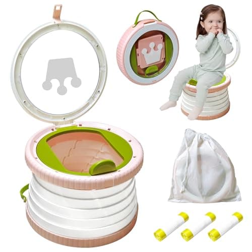 Portable Potty Chair for Toddlers with Splash-Proof Design, Foldable Travel Potty with Bag & 30 Refills - Kids Toilet for Car, Camping, Indoor - Easy Clean Baby Potty Training Seat (White-Pink) - Image 1